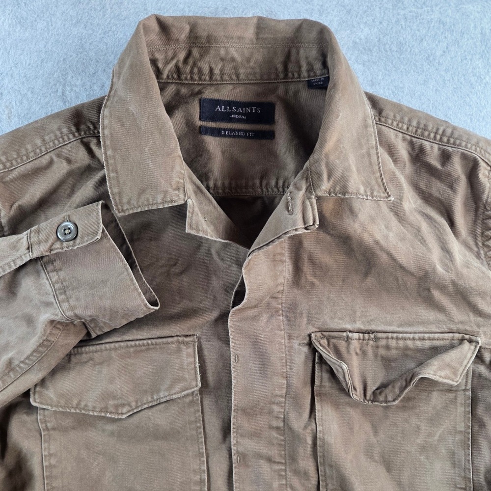 AllSaints Shirt Jacket Mens Medium Brown Relaxed Fit Cotton Utility Overshirt